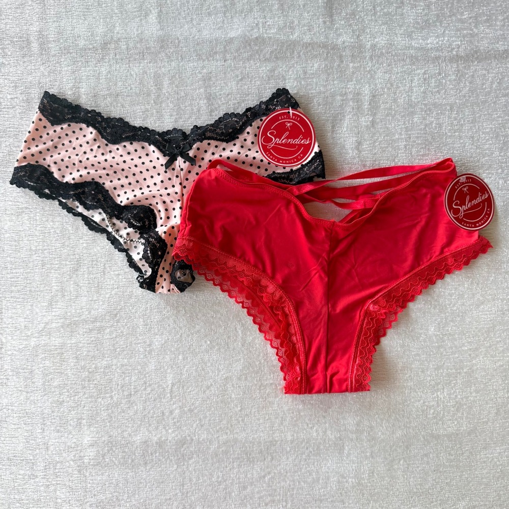 2pc Splendies Cheeky Panties NWT Small Pink Polka Dot Red Strappy Lace Trim